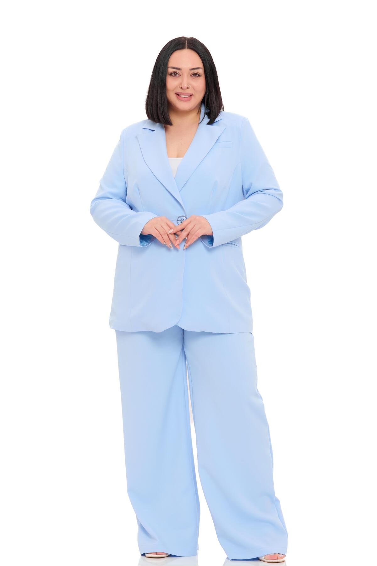 DISENTIS MODEST Büyük Beden Tek Düğmeli Bebe Mavi Ceket Pantolon İkili Takım