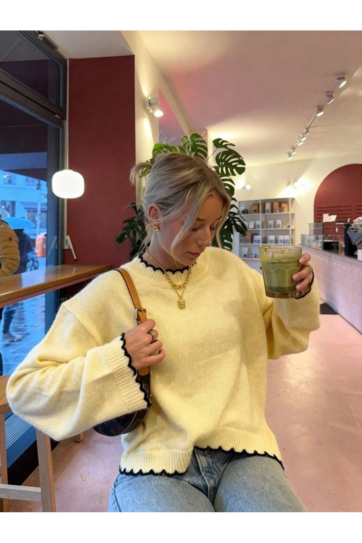 Dier Moda  Kadın Dalgalı Kenar Detaylı Salaş Bisiklet Yaka Kazak - Yumuşak Dokulu Triko, Kadın kazak Fmoda3079