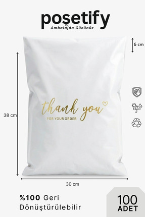 POŞETİFY Premium Renkli Kargo Poşeti 30x38x6 cm | 100 Adet | Thank You Baskıl...