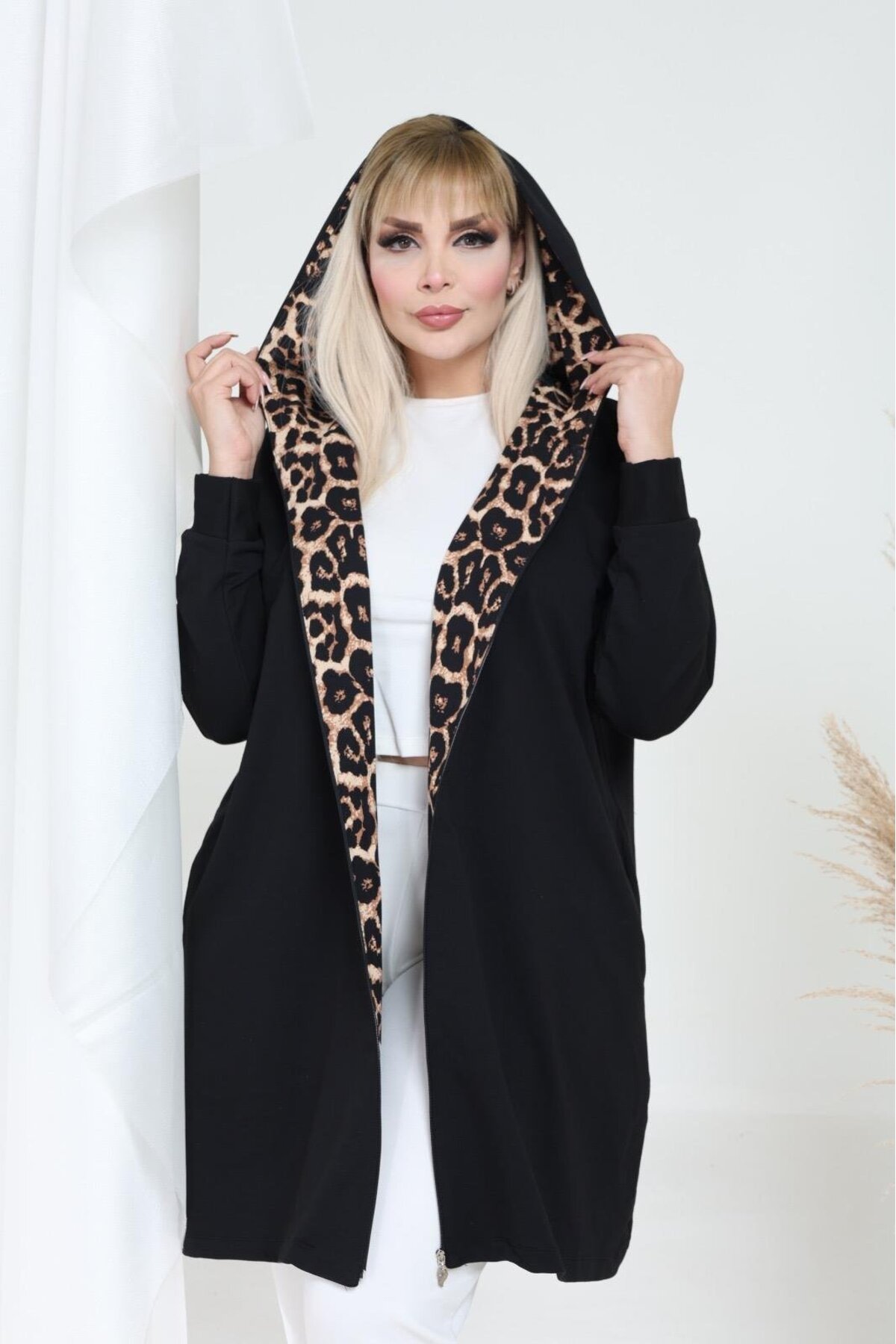 EMEZ  Leopar detaylı uzun hırka