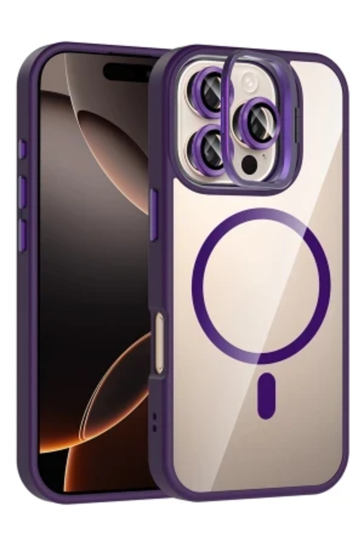 iPhone 16 Pro İçin Uyumlu Standlı ve Kamera Lens Hediyeli Wireless Şarj Özellikli Ultra Lüks Kılıf