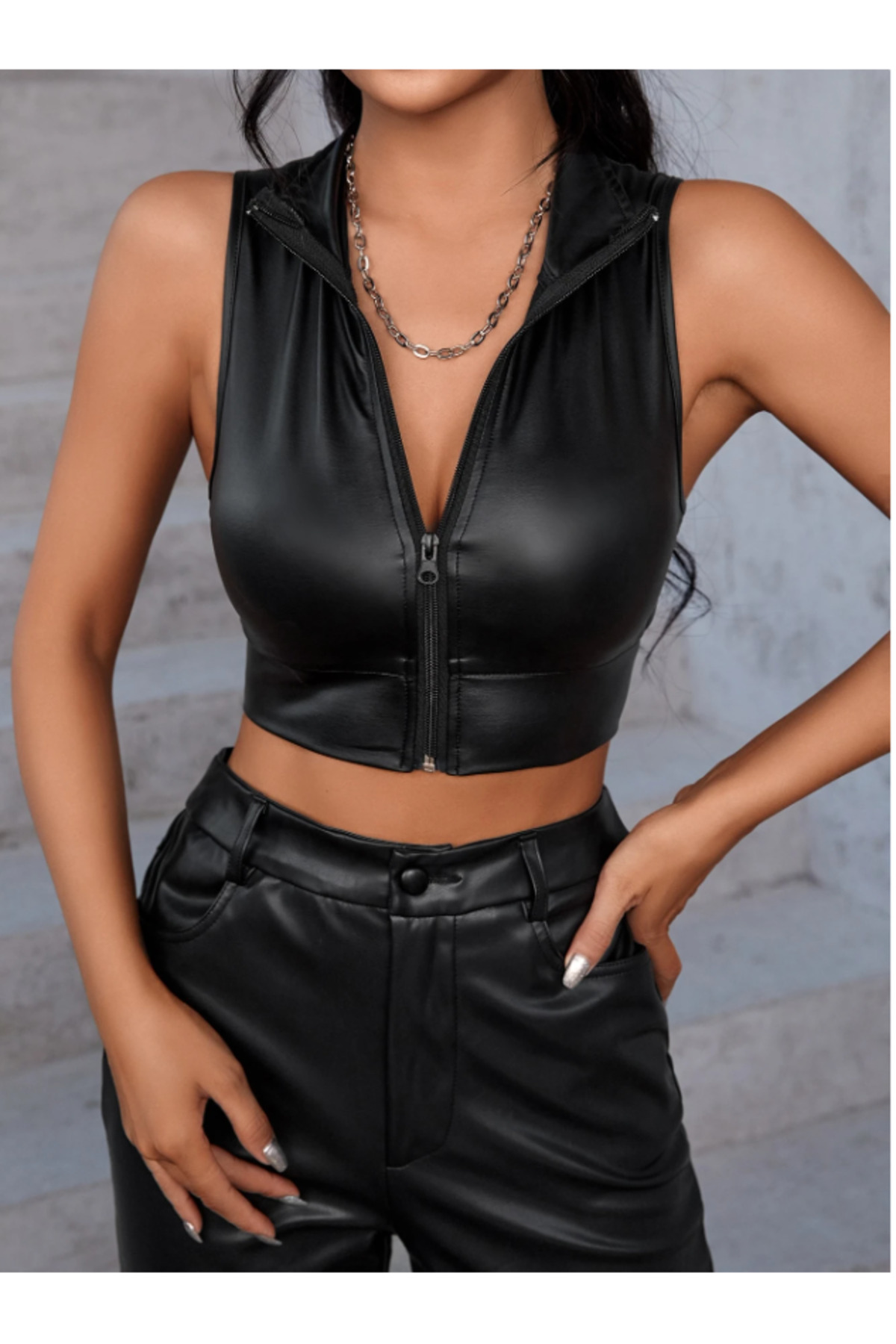 valedia Pu Deri Fermuarlı Crop -Kapsız görsel 2