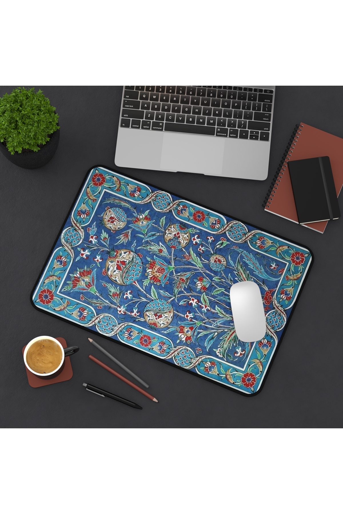 FALAVİ  Mavi Etnik Çini Desenli Mousepad, 28x40 Gamer Mousepad, Amerikan Servis, Masa Süme