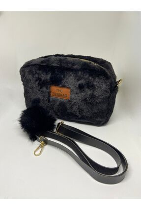 Livayssçanta Livayss Kadın Kürklü Tüylü Peluş Fermuarlı Siyah Omuz Çantası