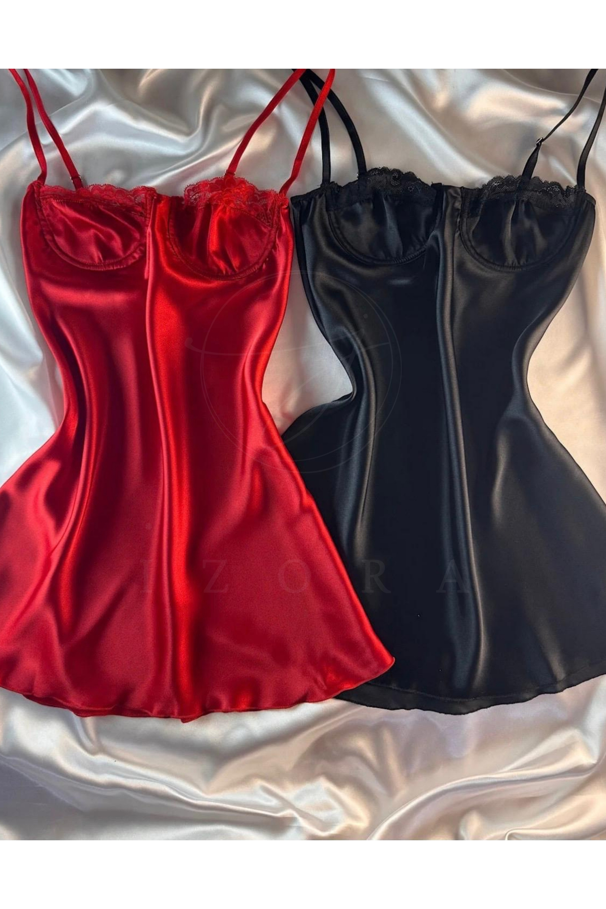 Harness İzora SİYAH ve KIRMIZI Dantel Detaylı Askılı Saten Mini Elbise (2'Lİ PAKET)