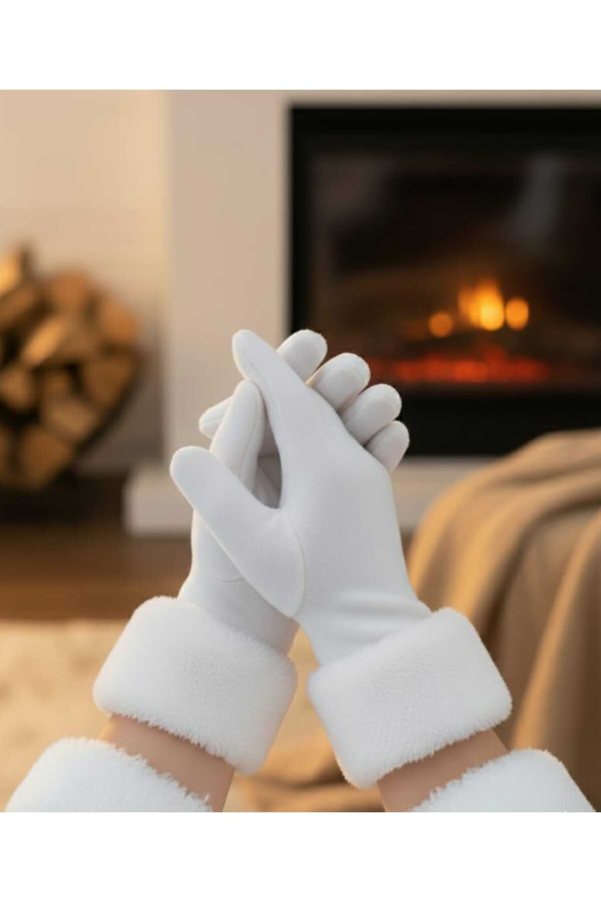 Modalight Kadın,Termal,Beyaz,Bileği Peluş Detaylı Polar,Eldiven
