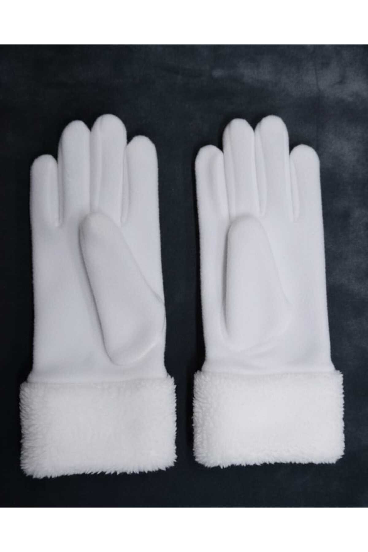 Modalight Kadın,Termal,Beyaz,Bileği Peluş Detaylı Polar,Eldiven görsel 4