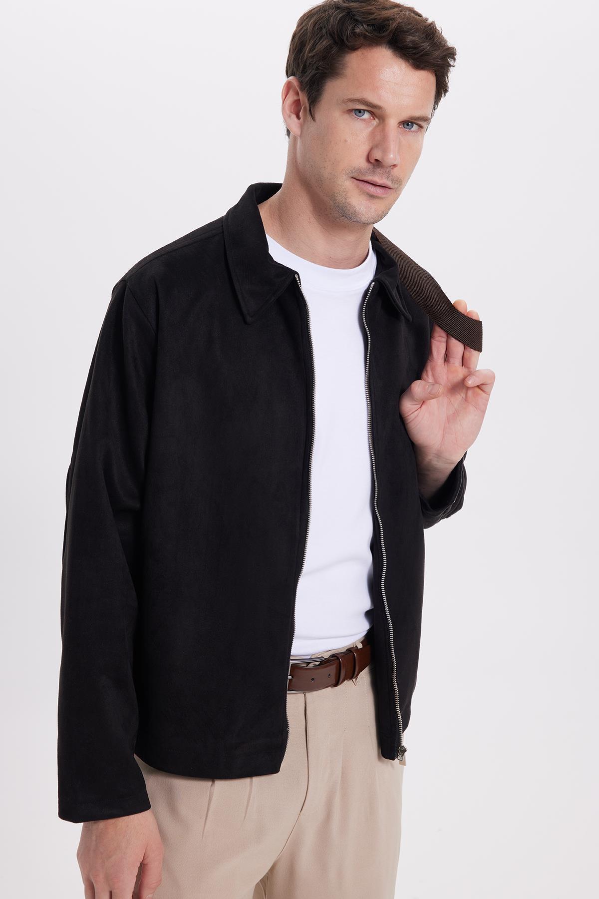 Tudors  Erkek Relax Fit Rahat Kesim Süet Fermuarlı Astarlı Cepli Siyah Kolej Ceket Mont - Görsel 7