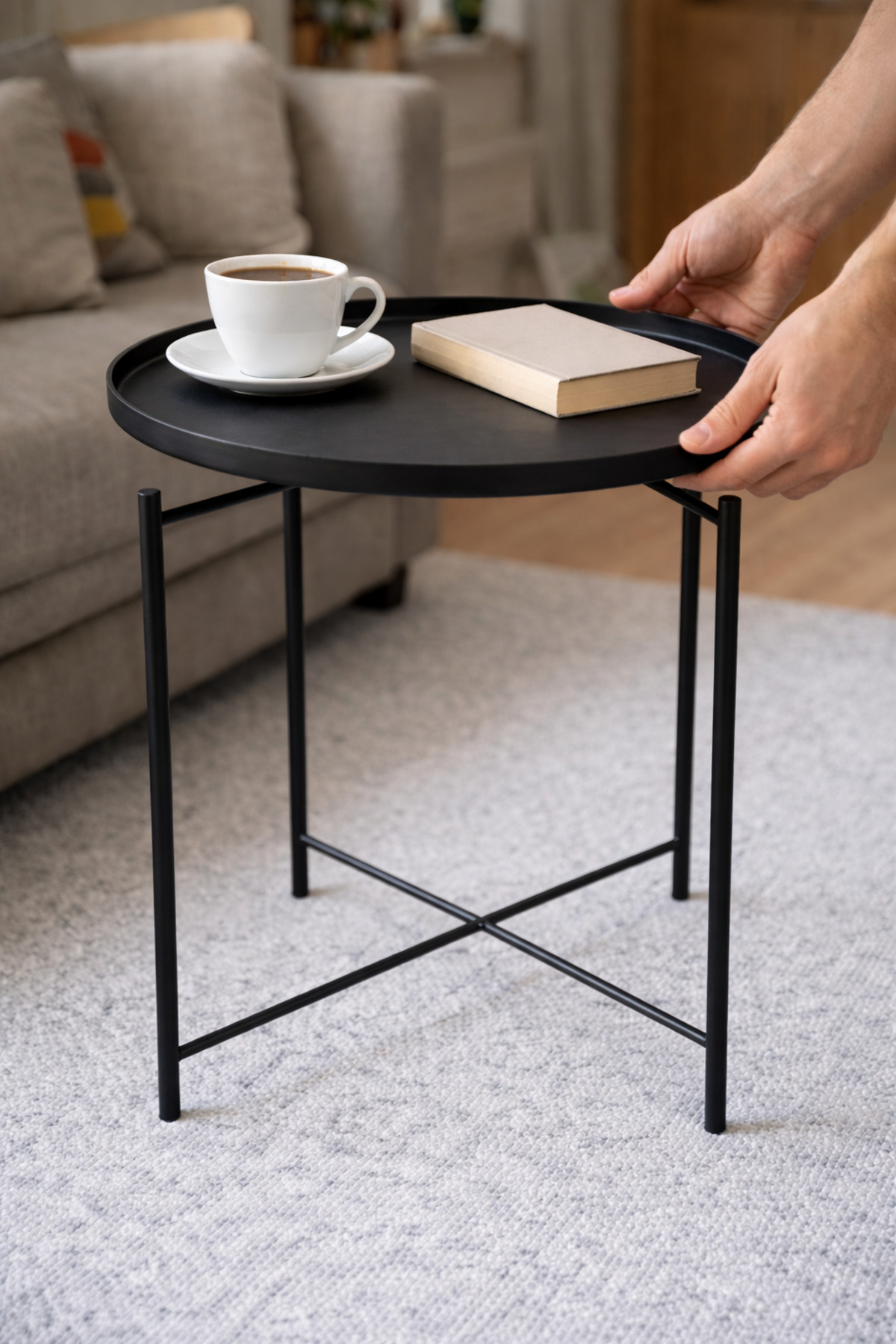 Home Metal Multi Purpose Coffee Table with Foldable Tray Black