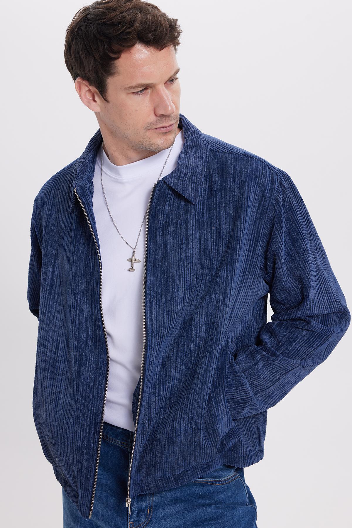 Tudors  Erkek Relax Fit Rahat Kesim Fitilli Fermuarlı Astarlı Cepli Kolej İndigo Ceket Mont Gömlek - Görsel 3