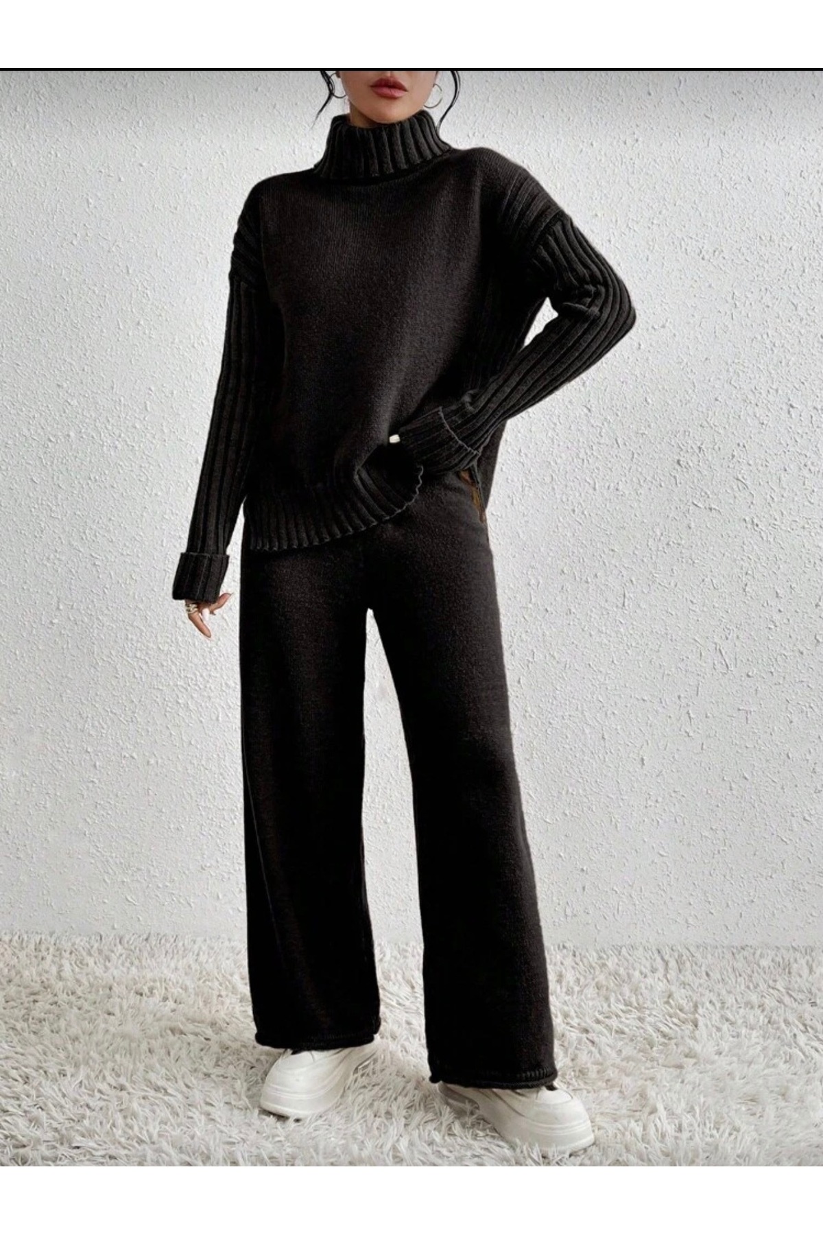 NLT Дамски комплект от трикотаж с ребрист яка, коса с плитки и страничен разр...