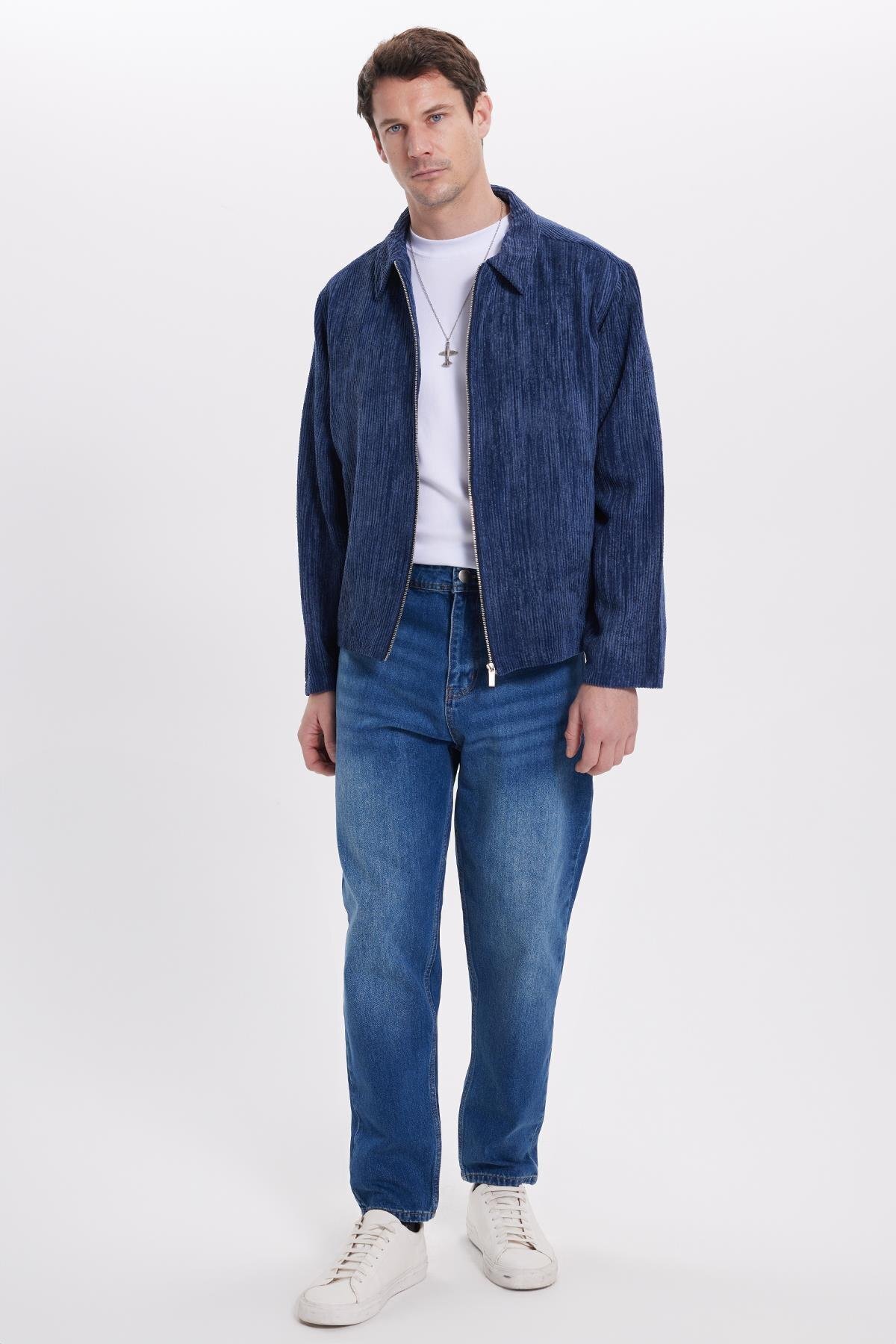 Tudors  Erkek Relax Fit Rahat Kesim Fitilli Fermuarlı Astarlı Cepli Kolej İndigo Ceket Mont Gömlek - Görsel 4