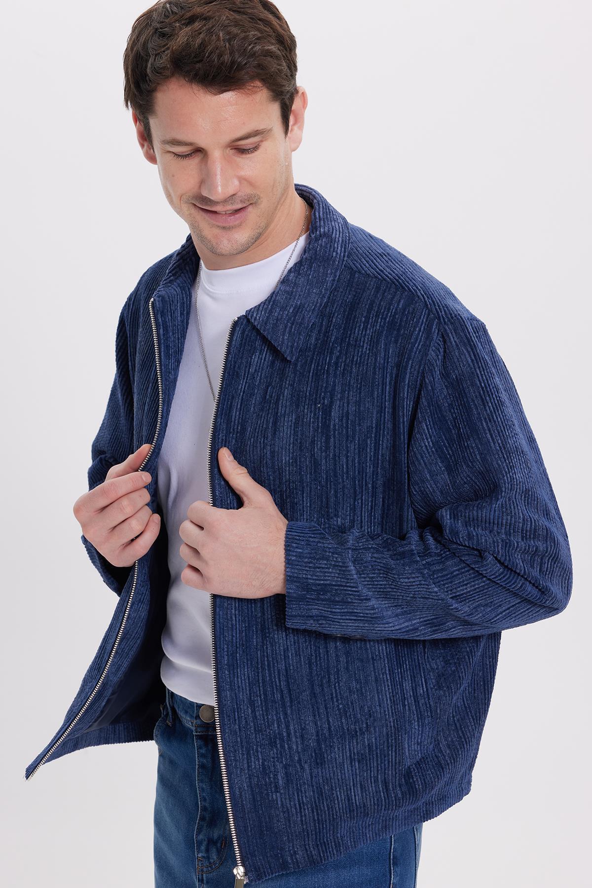 Tudors  Erkek Relax Fit Rahat Kesim Fitilli Fermuarlı Astarlı Cepli Kolej İndigo Ceket Mont Gömlek - Görsel 8