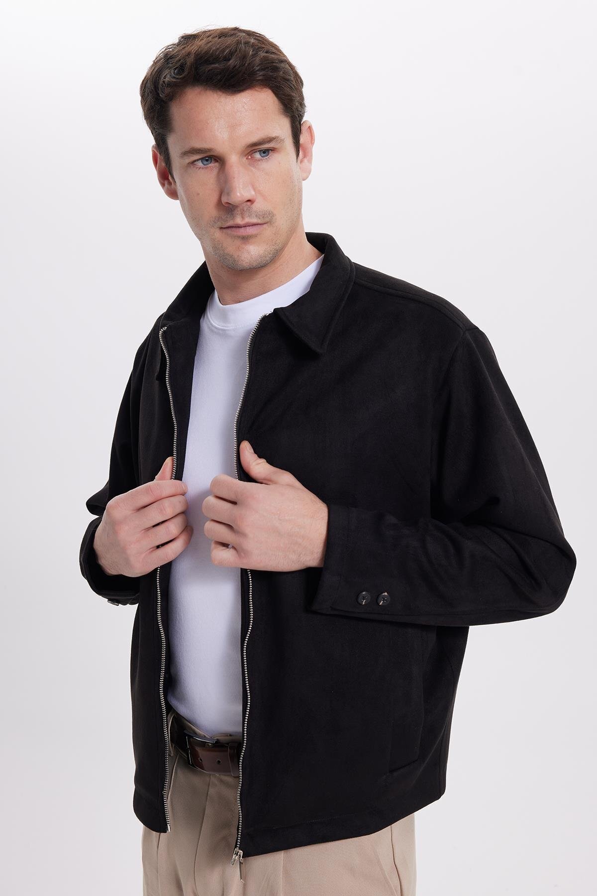 Tudors  Erkek Relax Fit Rahat Kesim Süet Fermuarlı Astarlı Cepli Siyah Kolej Ceket Mont - Görsel 2