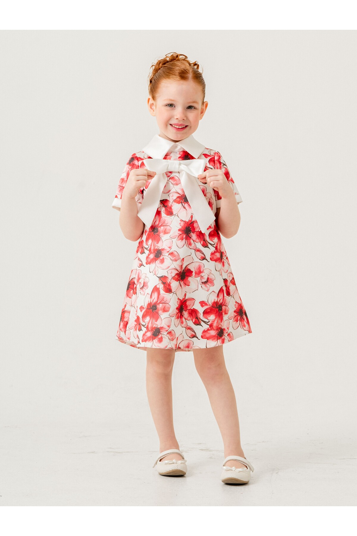 Babyhola 3-7 Yaş Japon Stil Bebe Yaka Çiçek Desenli Saten Kız Çocuk Özel Gün Elbise 7092