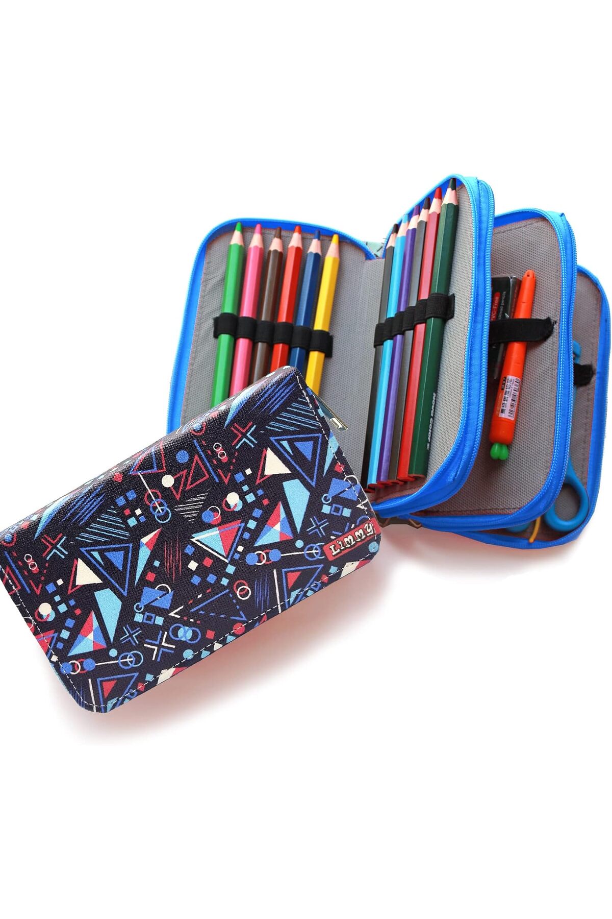 BRF Sahra79 Kalem Kutusu Mavi Geometrik Desenli Organizer Kalemkutu Vegan Deri Üç Bölmeli Kalemlik 1176