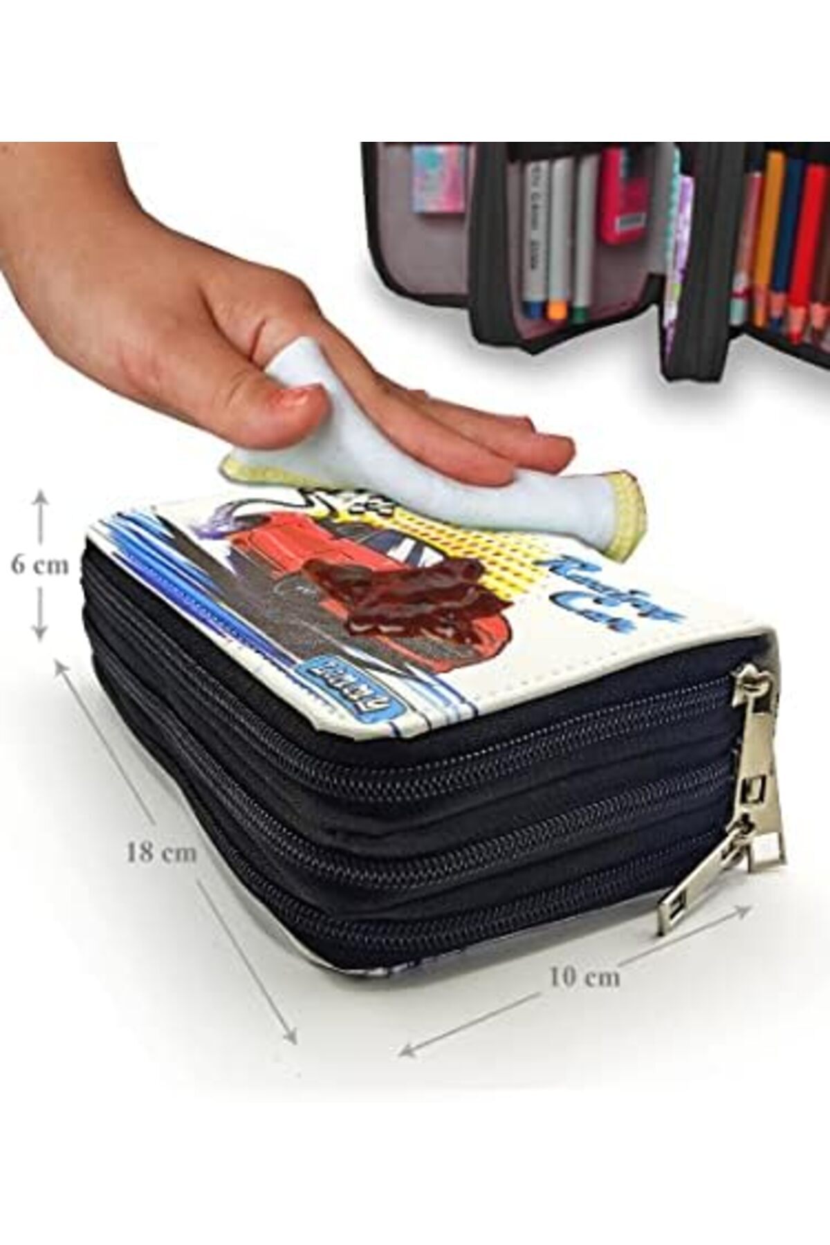 BRF NwoTeknoloji Kalem Kutusu Araba Desenli Kawai Organizer Kalemkutu Vegan Deri Üç Bölmeli Kalemlik Siy