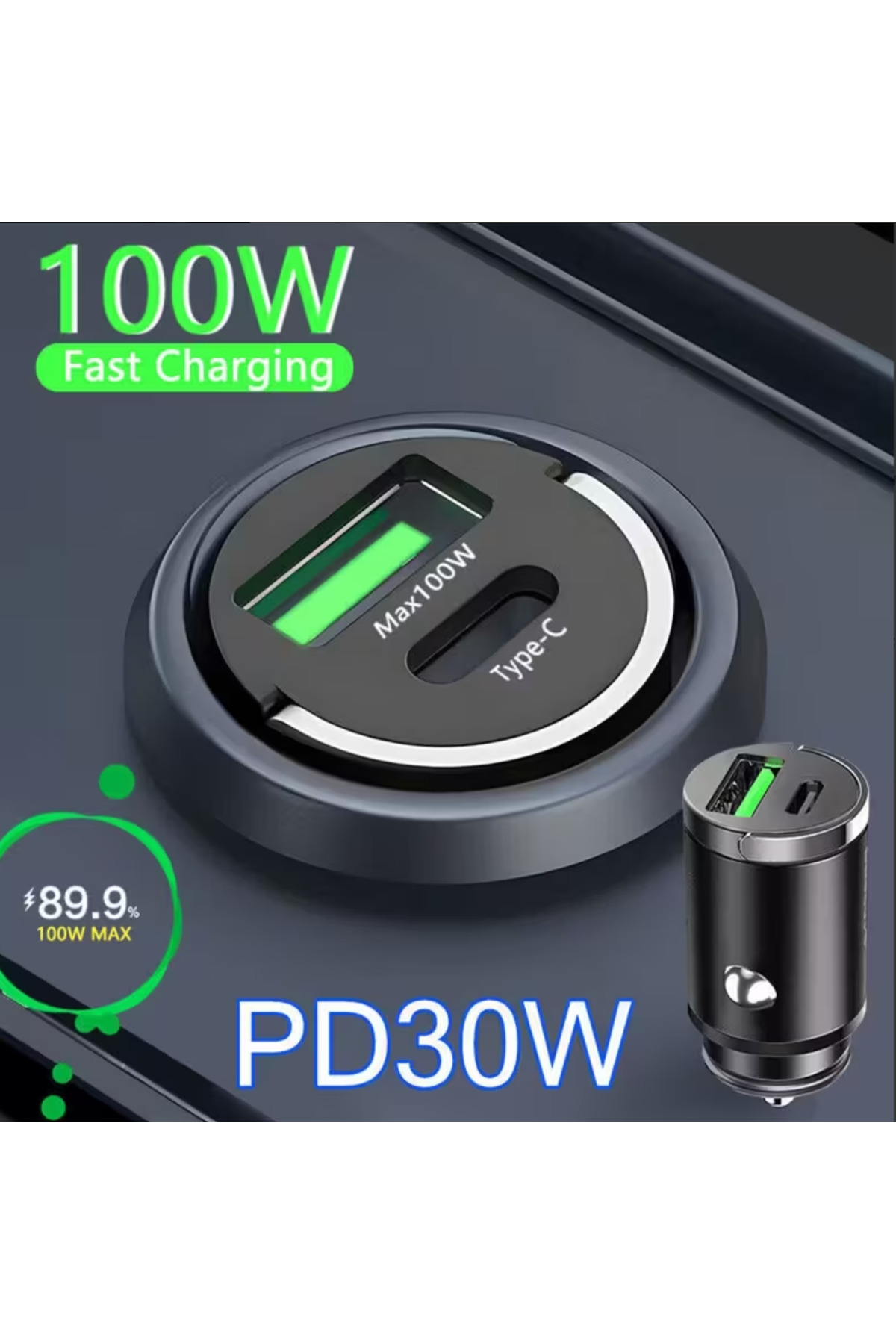 Mini Dual Port Super Speed In-Car Charger Head with 100W Support