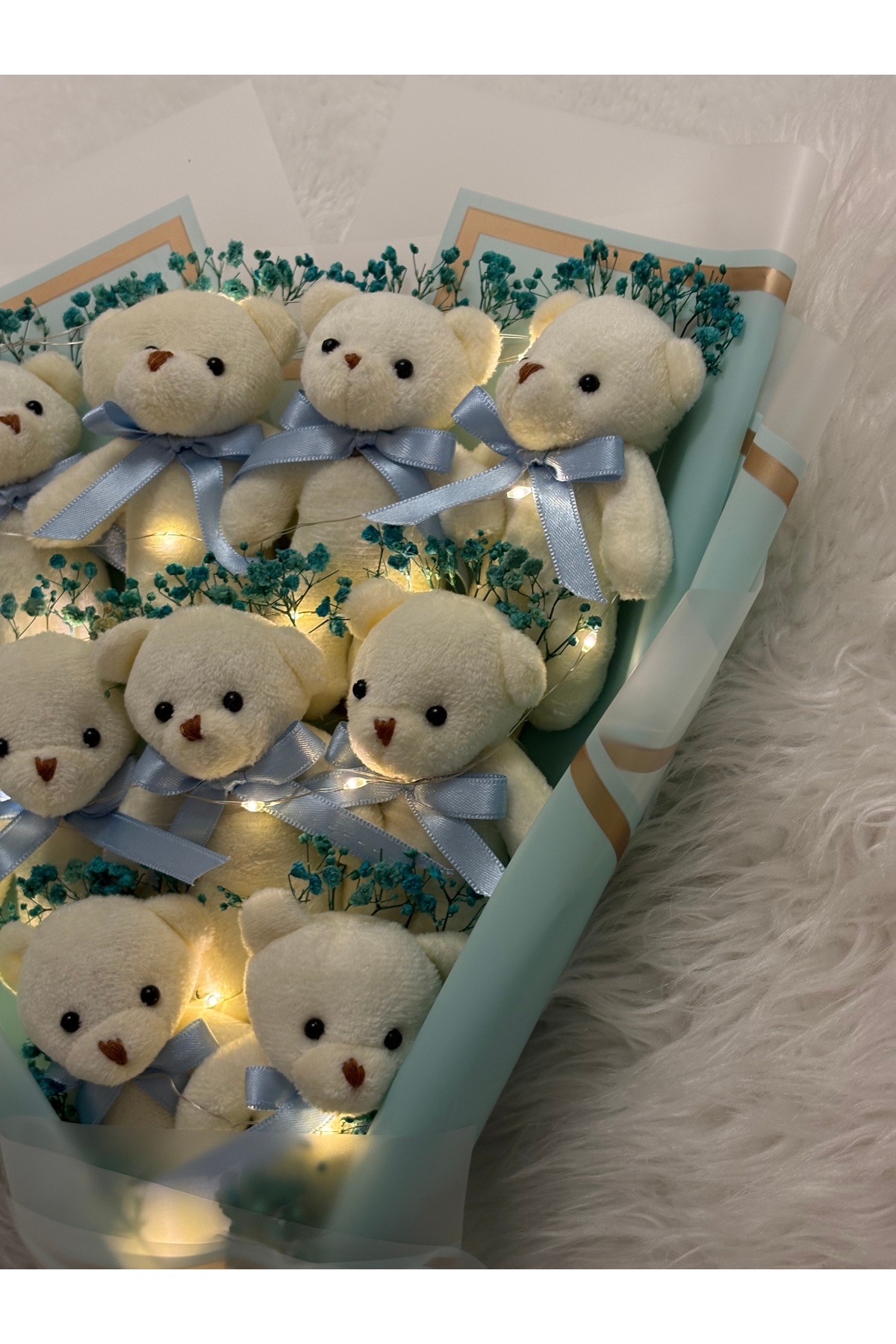 Salish Led Işıklı Teddy Bear 9’lu | Mavi Peluş Ayıcık Buketi, Çiçek Detaylı | Özel Hediye fotoğrafı 3 (önizleme)