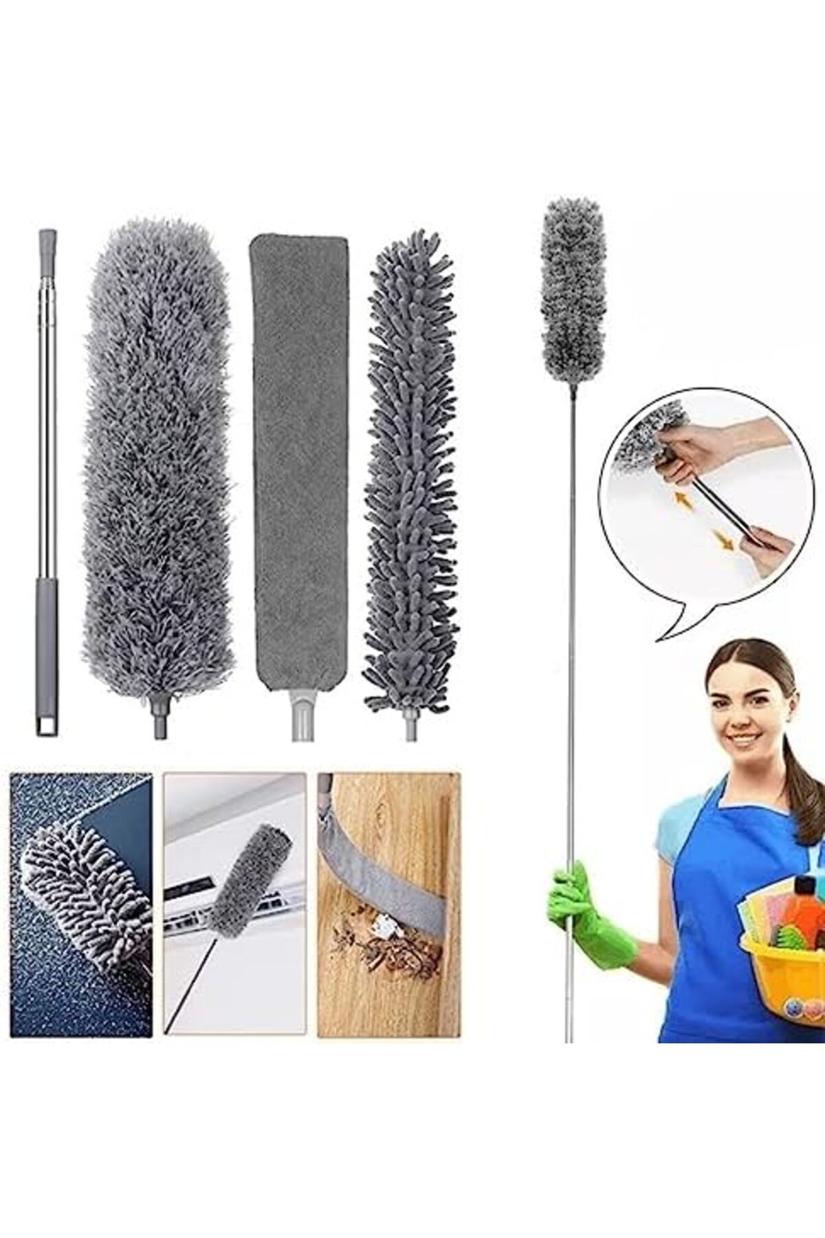 BRF NwoTeknoloji Teleskopik 3'lü Mop Toz Alma Püskülü Çok Fonksiyonlu Temizlik Seti 1205362
