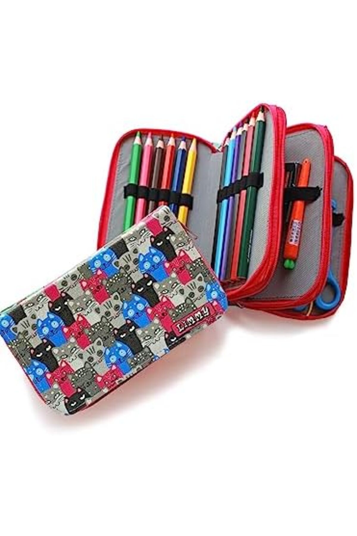 BRF NwoTeknoloji Kalem Kutusu Sevimli Kedi Pembe Kawai Organizer Kalemkutu Vegan Deri Üç Bölmeli Kalemli