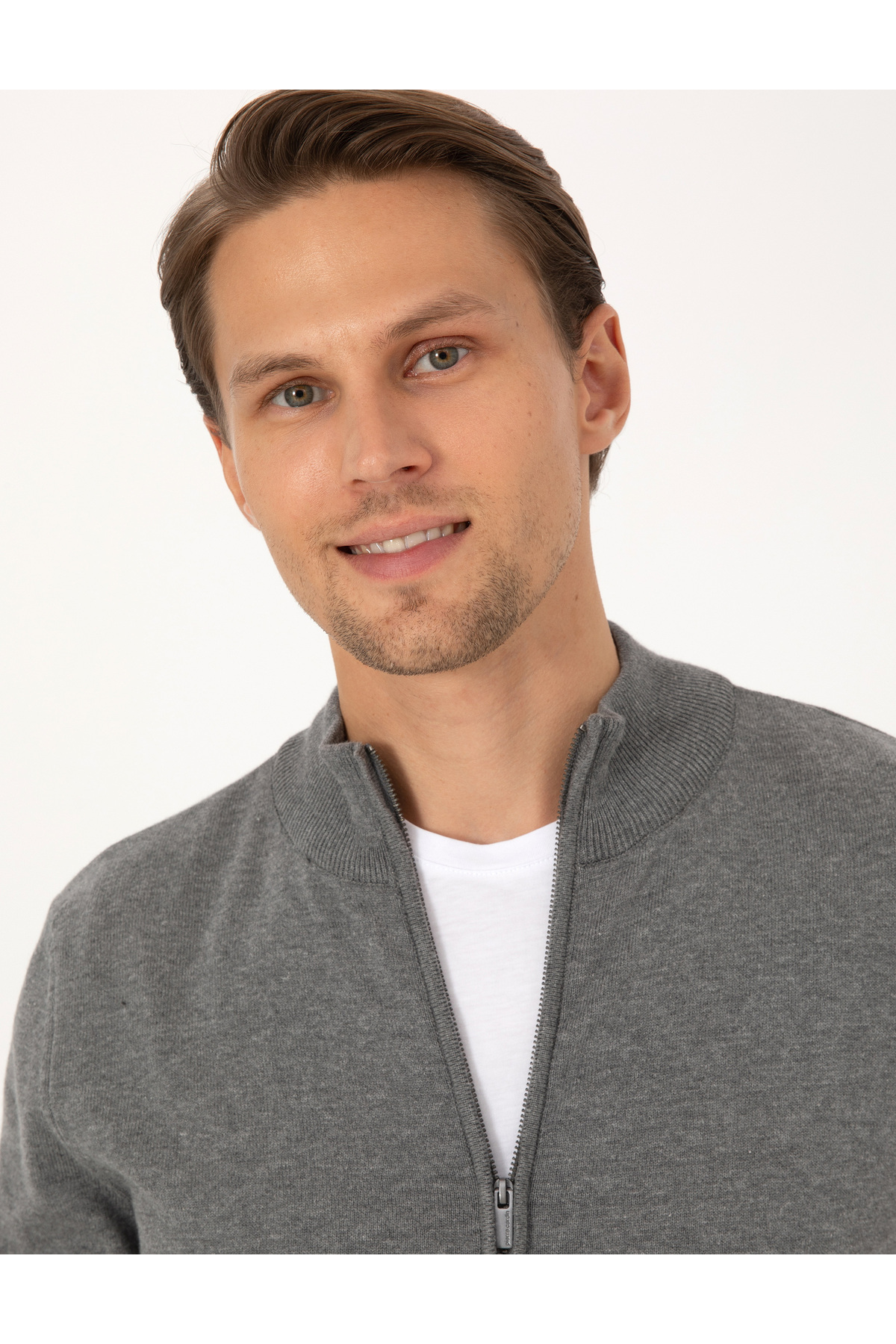 Pierre Cardin  Gri Melanj Slim Fit Fermuarlı Triko Hırka 50317409-VR086 - Görsel 2