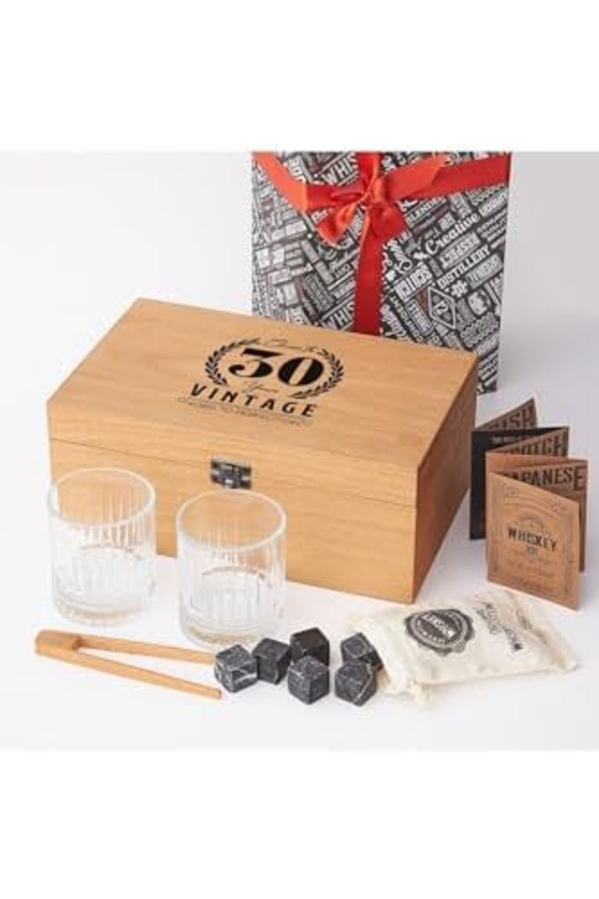 BRF NwoTeknoloji 30 Yaş Tasarımlı Ahşap Kutulu 2'Li Glasgow Viski Kadeh Seti + 6 Soğutucu Taş 1205