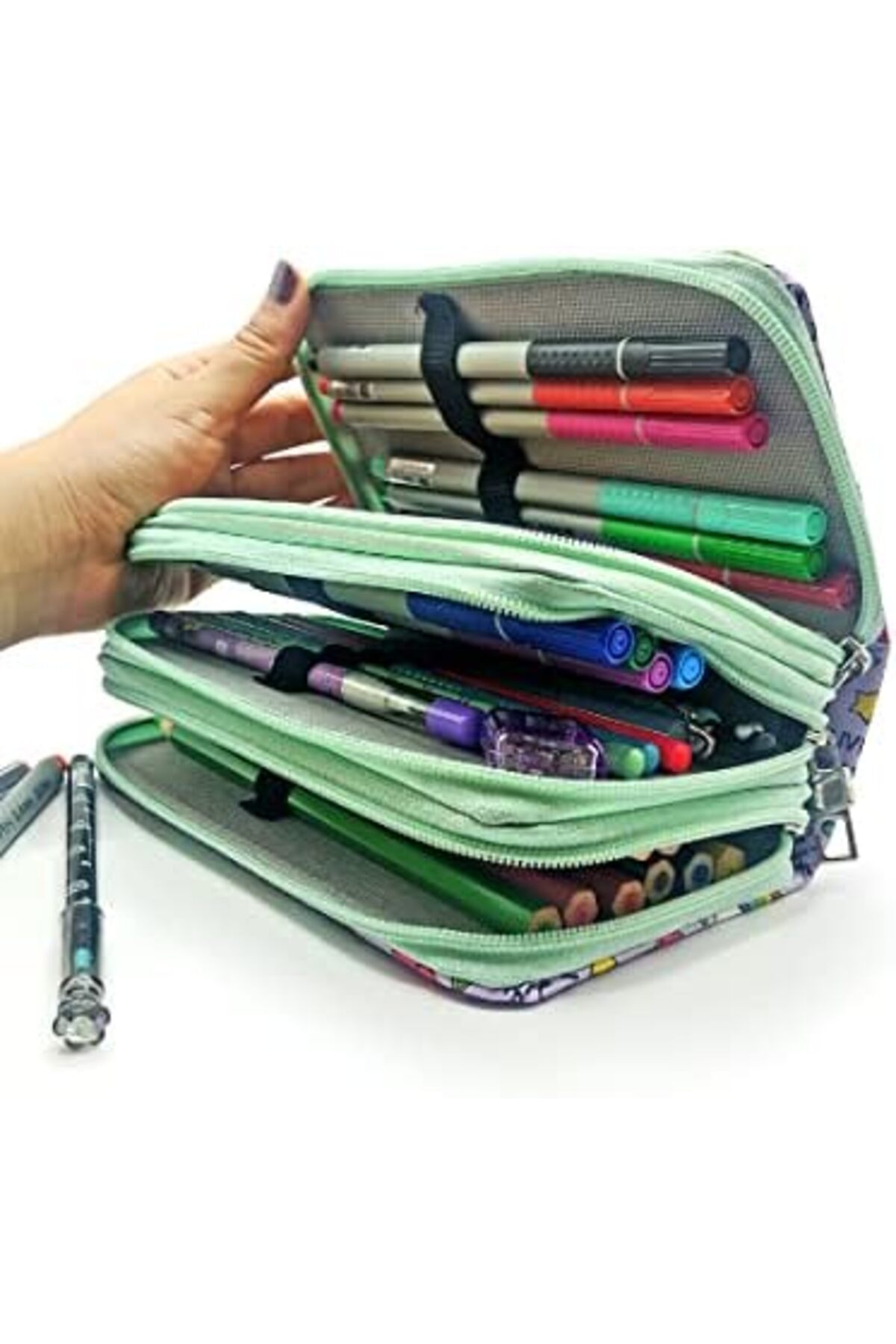 BRF Sahra79 Kalem Kutusu - Kawai Organizer Kalemkutu Vegan Deri Üç Bölmeli Kalemlik - Yeşil 1176661