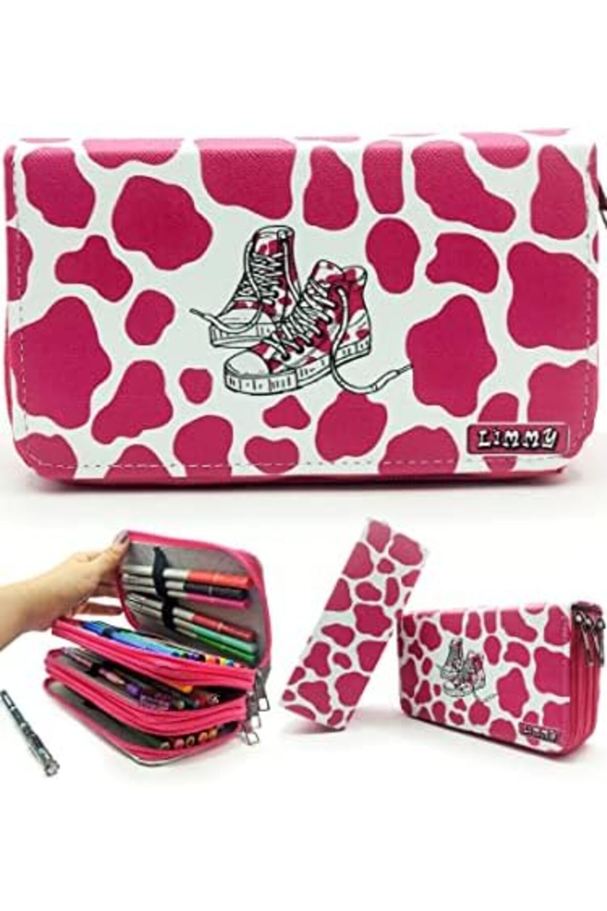 BRF Sahra79 Kalem Kutusu Inek Desenli Kawai Organizer Kalemkutu Vegan Deri Üç Bölmeli Kalemlik - Pembe