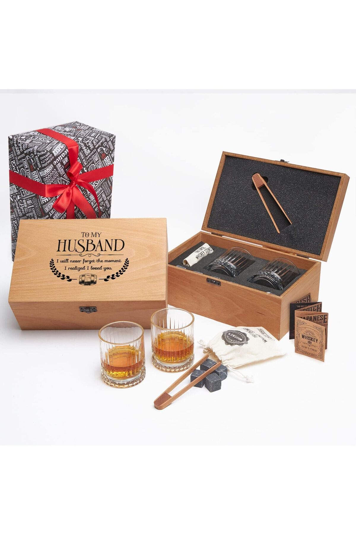 BRF NwoTeknoloji Husband Tasarımlı Ahşap Kutulu 2'li Glasgow Viski Kadeh Seti + 6 Soğutucu Taş 120