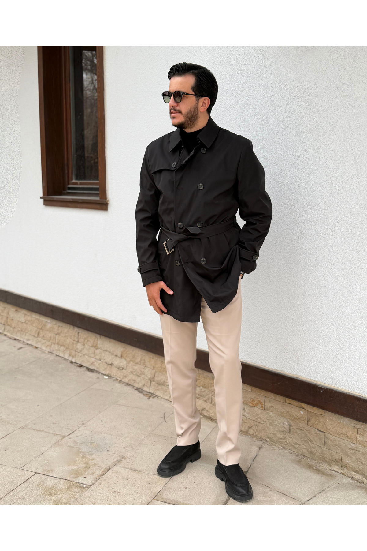 Avni Ceylan Erkek Kuşaklı Çift Düğmeli Trençkot