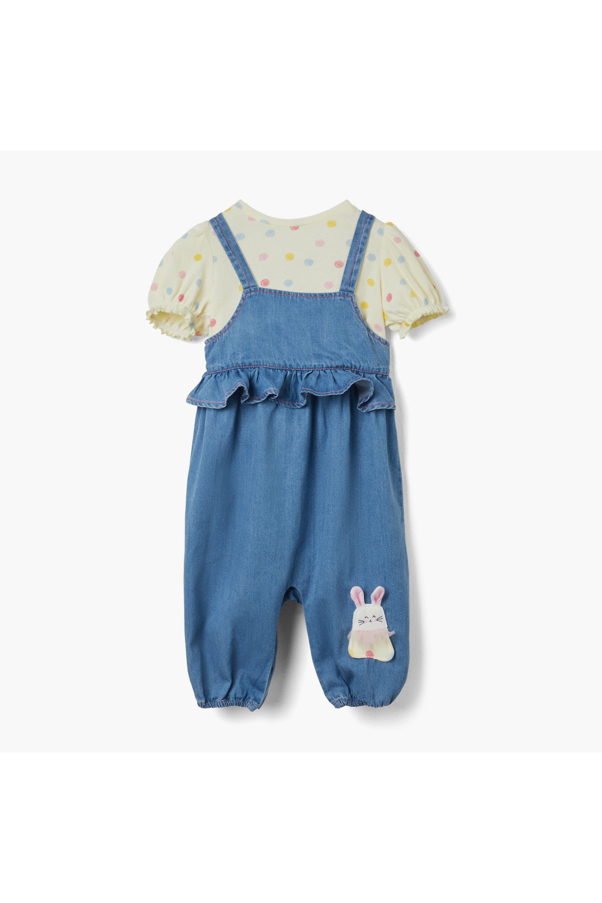 Juniors Bunny Applique Dungaree and Polka Dot Print T-shirt Set