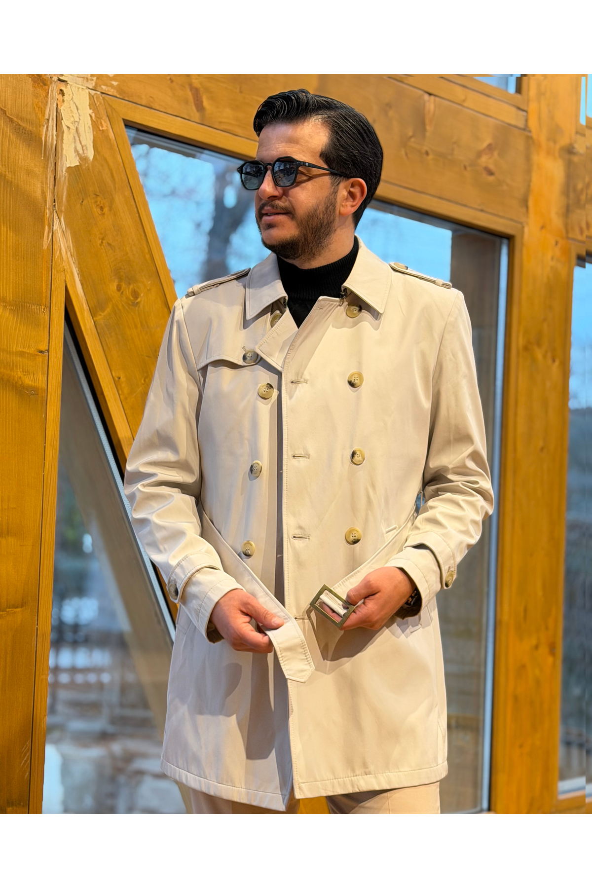 Avni Ceylan Erkek Kuşaklı Çift Düğmeli Trençkot