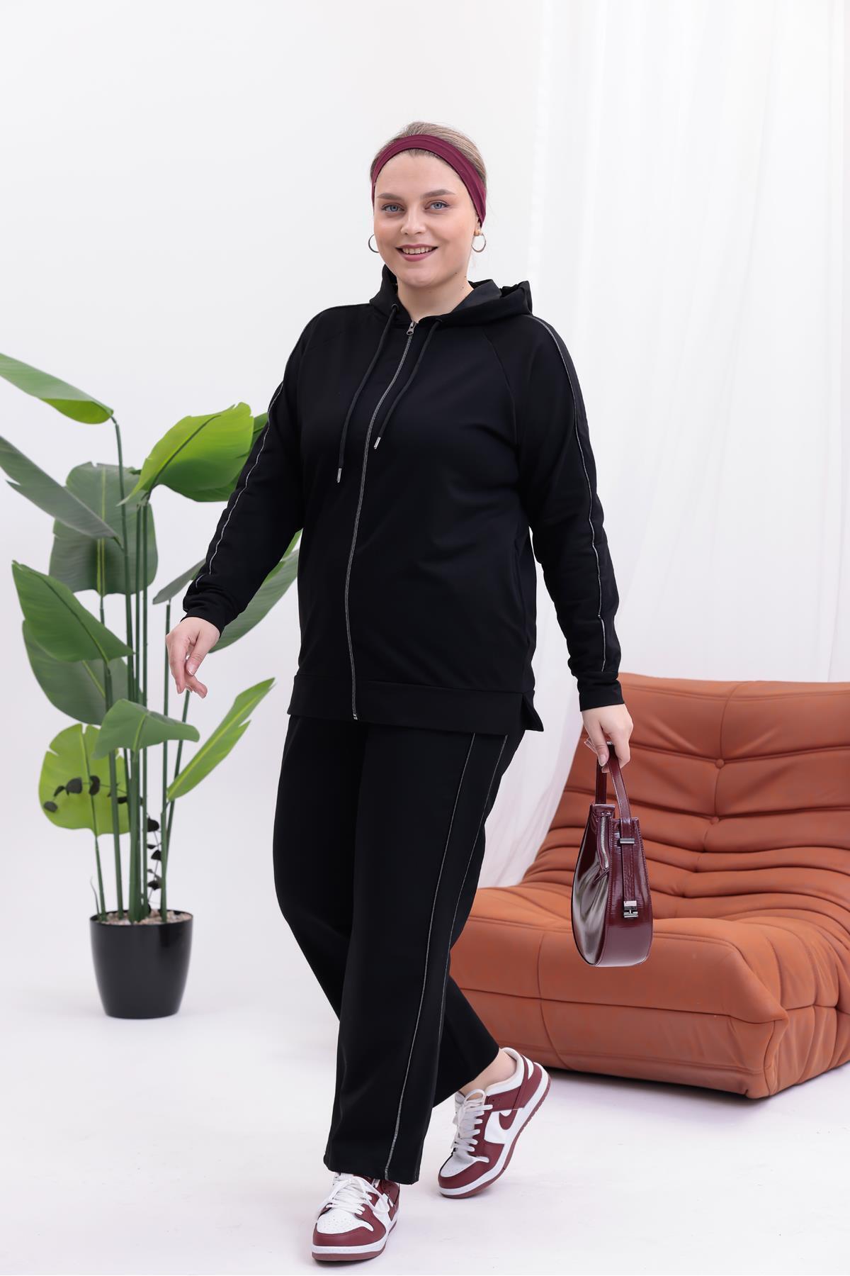 Siyezen Büyük Beden Fermuarlı Kapüşonlu Takım