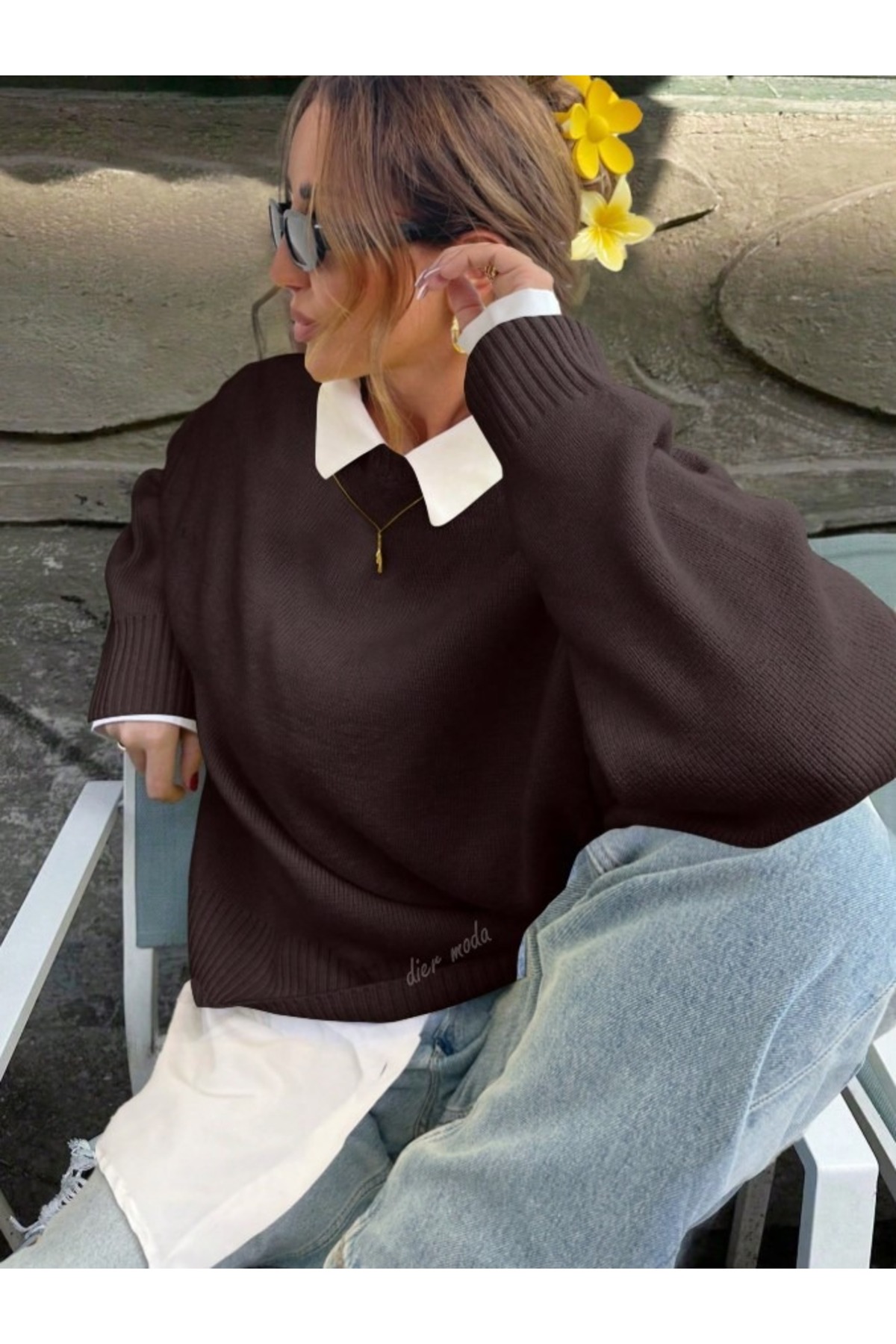 Dier Moda Κόκκινο πλεκτό πουλόβερ με λαιμόκοψη oversized Fmoda1976