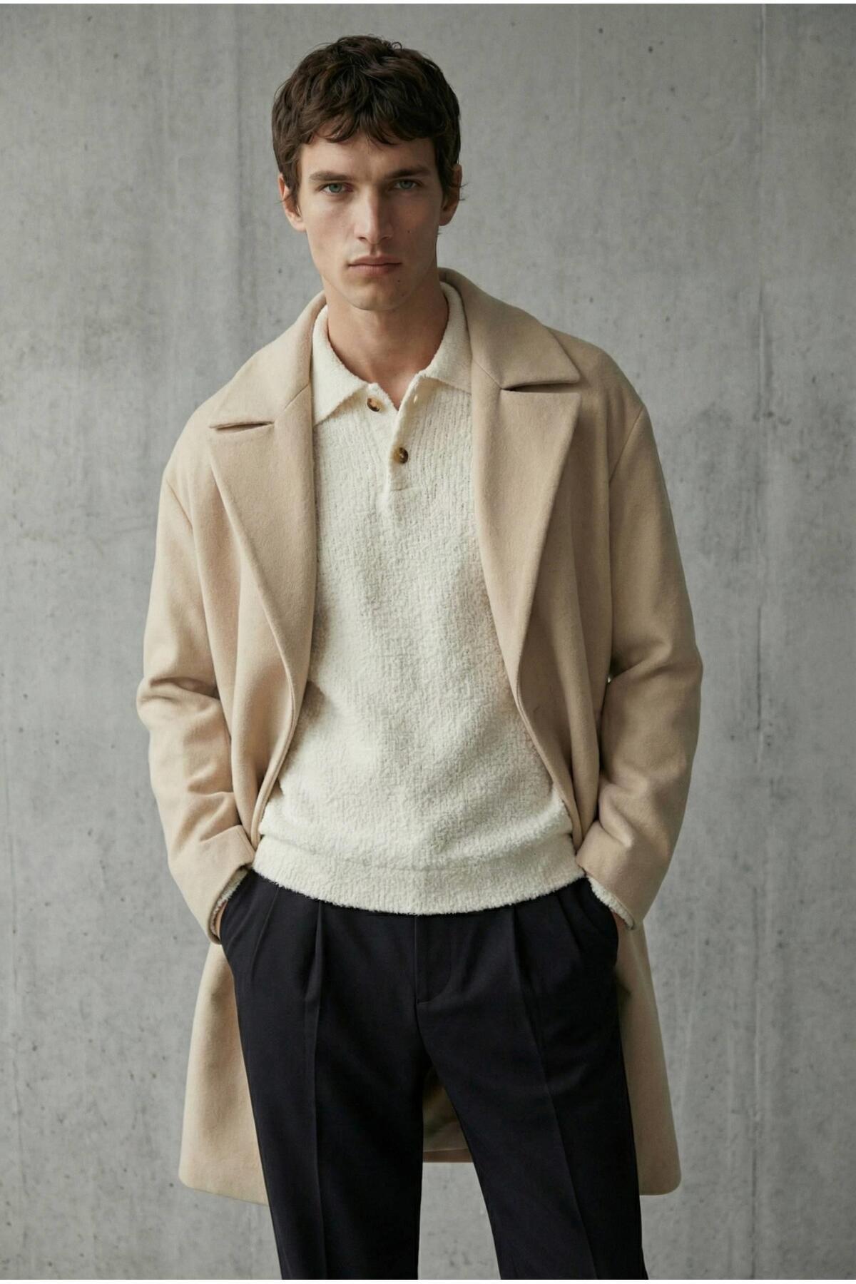 ablukaonline  Erkek Oversize İtalyan Kaşe Kaban Açık Bej - Görsel 4