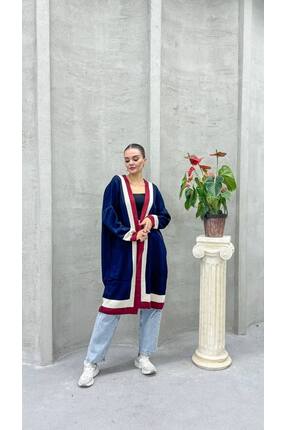 Cannes Kadın Konstrast Şeritli Uzun Lacivert Triko Hırka