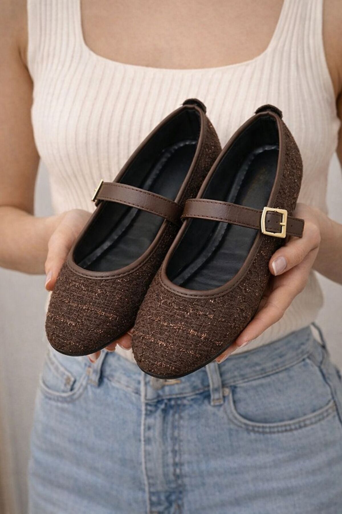 FootFrenzy Tüvit Kumaş Tokalı Mary Jane Kadın Konforlu Babet Düz Taban Klasik Ayakkabı