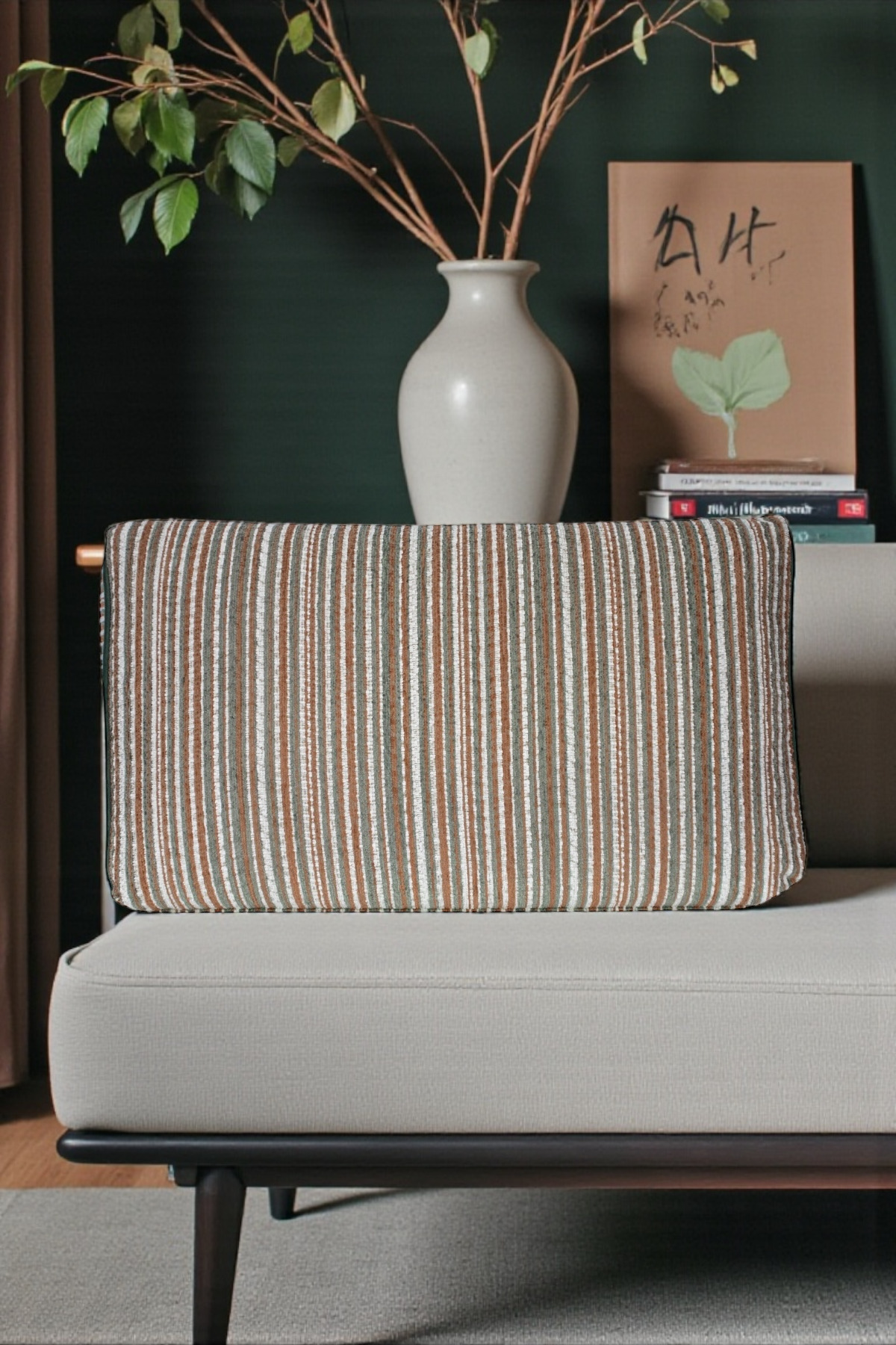 Cream, Green, White Striped Linen Matte Velvet Box Model Pillowcase