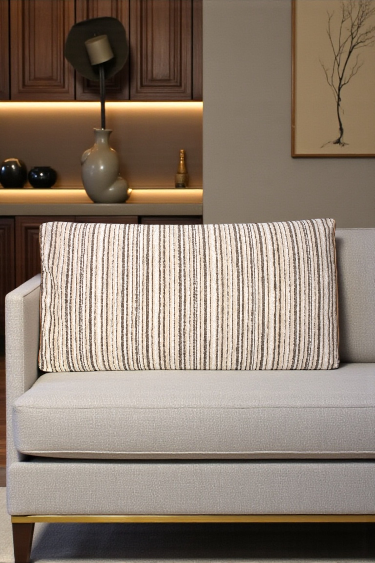 Coffee, Cream Striped Linen Matte Velvet Box Model Pillowcase