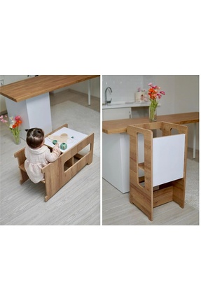 Industrial Living Montessori 2’si 1 Arada Öğrenme Kulesi ve Çocuk Masası, Aya...