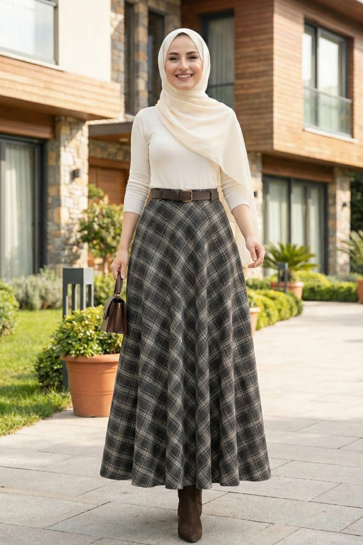 Hb Harma Time Butik  Kadın Siyah Ekose Desenli Etek - Görsel 5