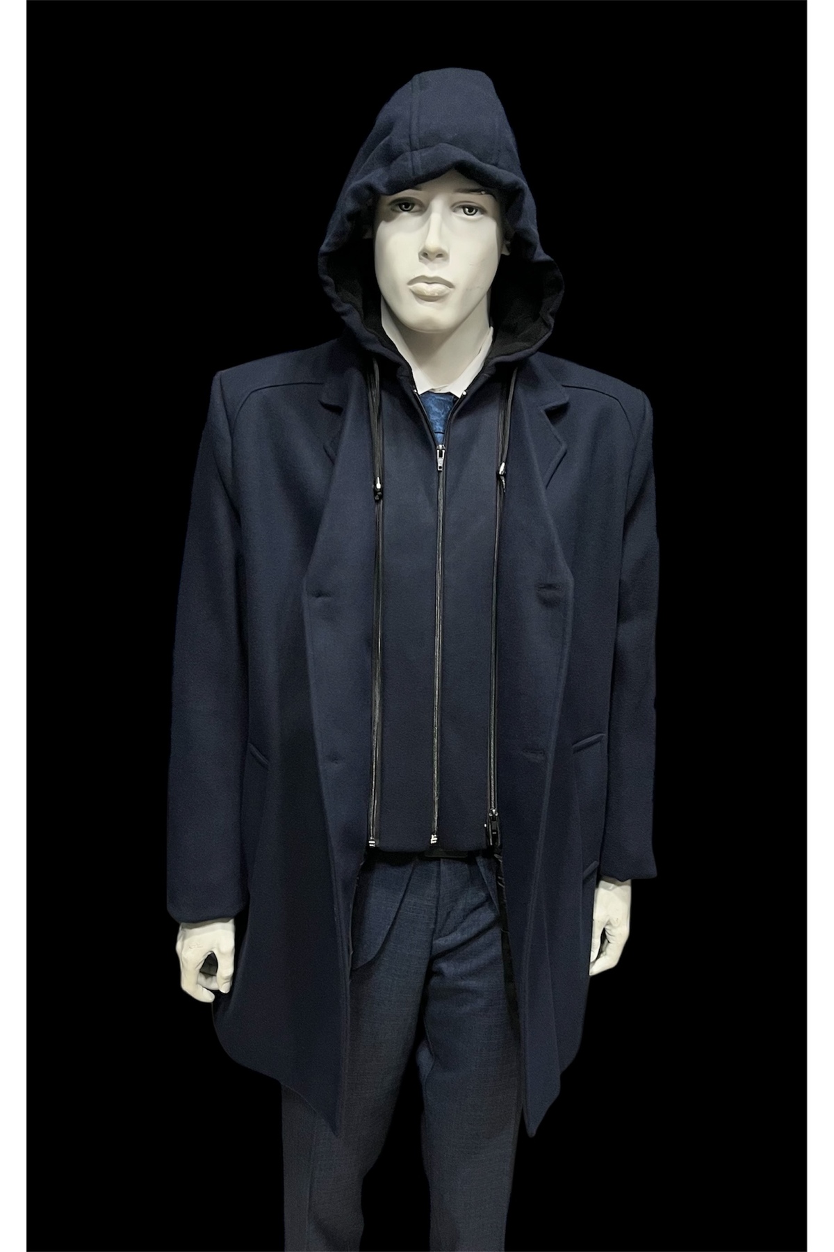 CLAYVIR Lacivert.büyük BEDEN(2XL-3XL-4XL-5XL)(5.6.7.8)numara.BOL Kesim,yelekli,kapşonlu,diz Üstü,kaşe Palto. görsel 3