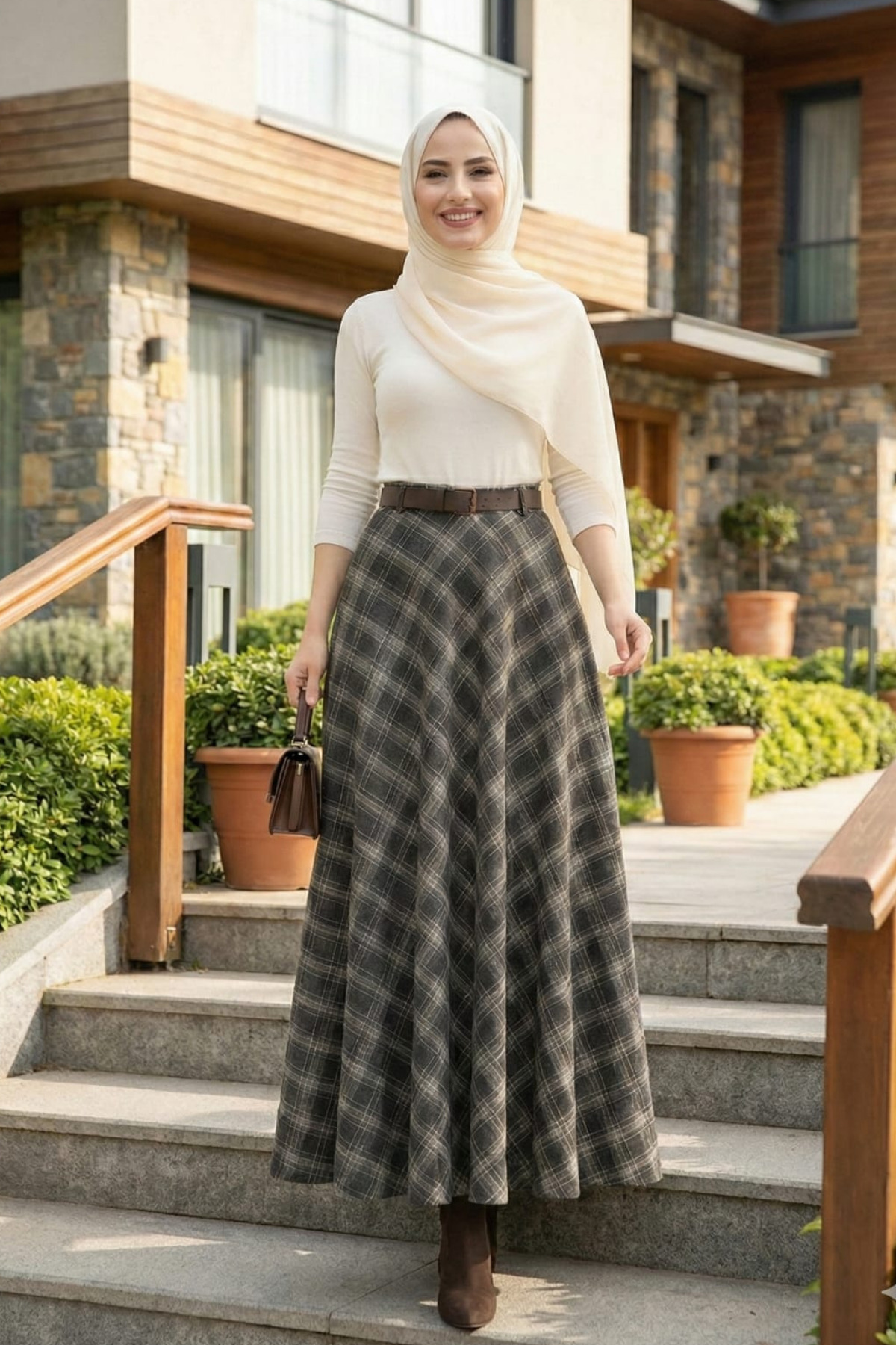 Hb Harma Time Butik  Kadın Siyah Ekose Desenli Etek - Görsel 4