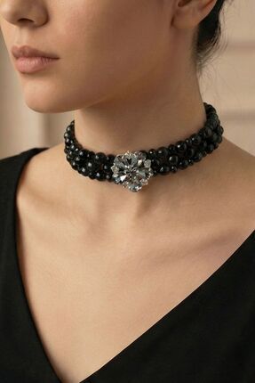Pemila Design Kristal Çiçek Detaylı Siyah Tasma İnci Kolye - Choker Model Şık...