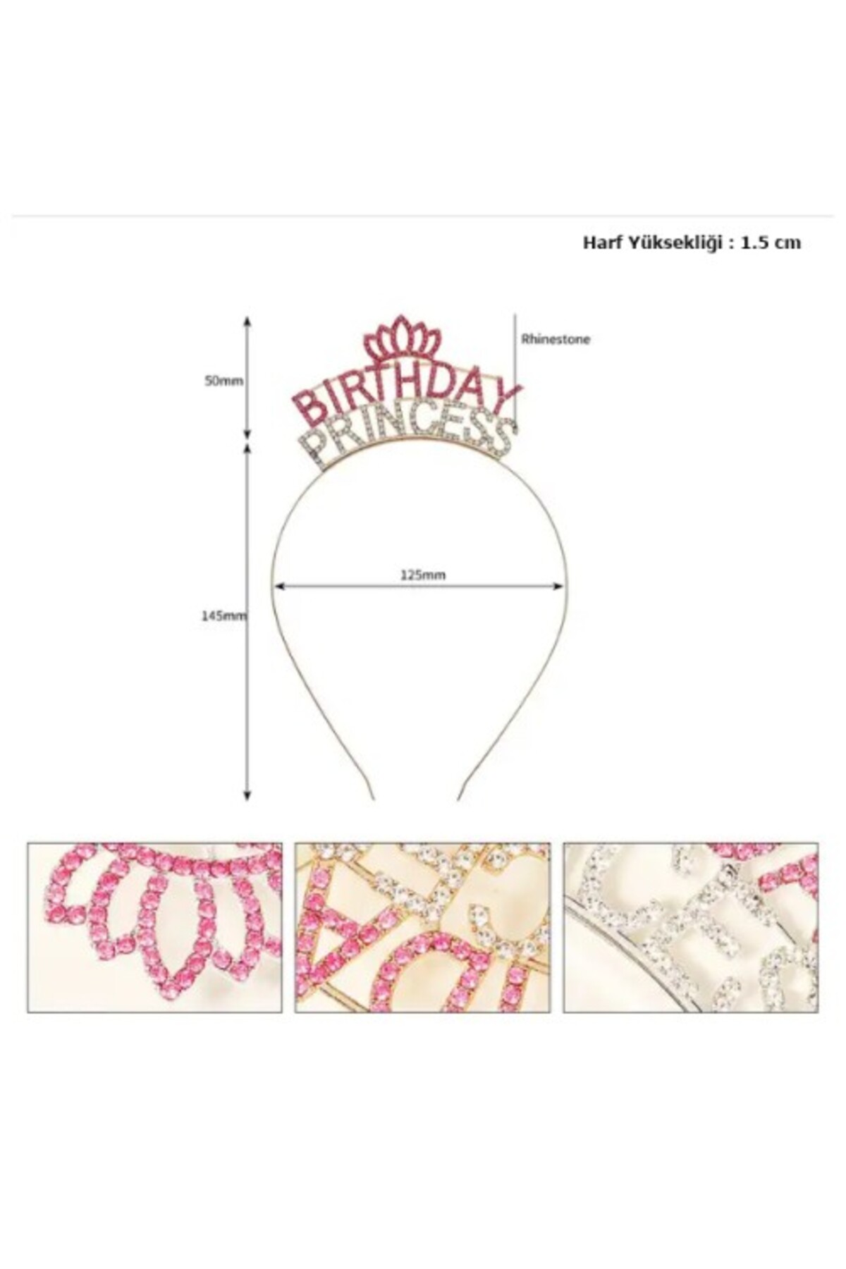 TTT Kristal Taşlı Birthday Princess Yazılı Parti Tacı Pembe Renk