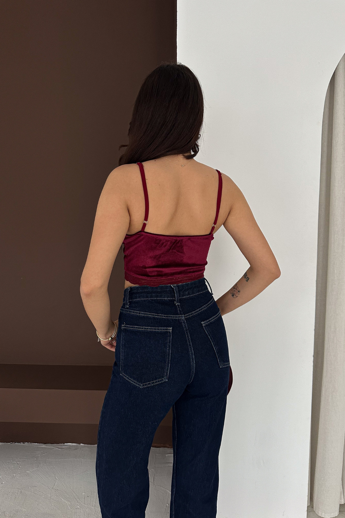MİROR  Kadın Bordo Kadife Dantel Askılı Crop Bustiyer - Görsel 8