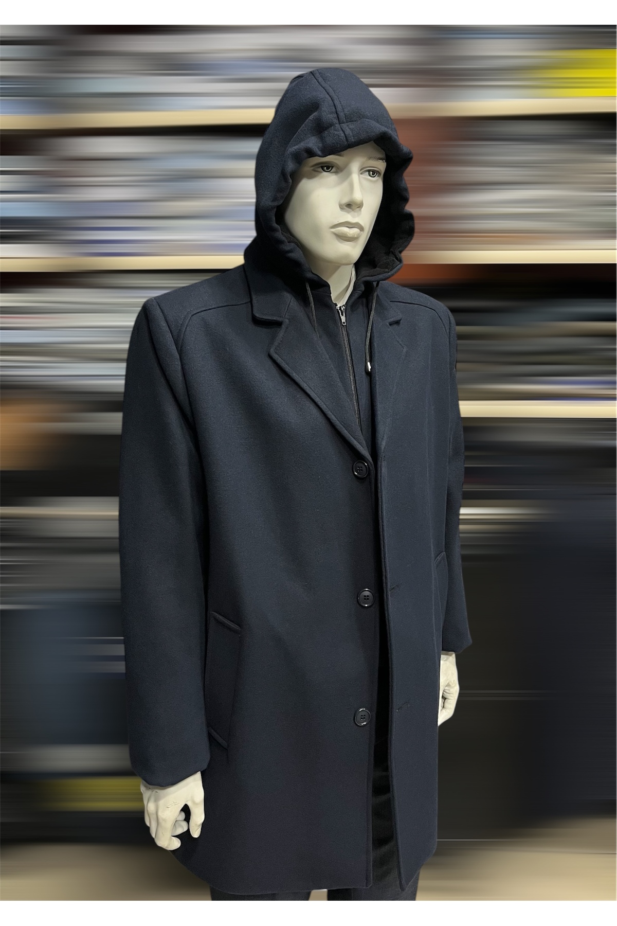 CLAYVIR Lacivert.büyük BEDEN(2XL-3XL-4XL-5XL)(5.6.7.8)numara.BOL Kesim,yelekli,kapşonlu,diz Üstü,kaşe Palto. görsel 4