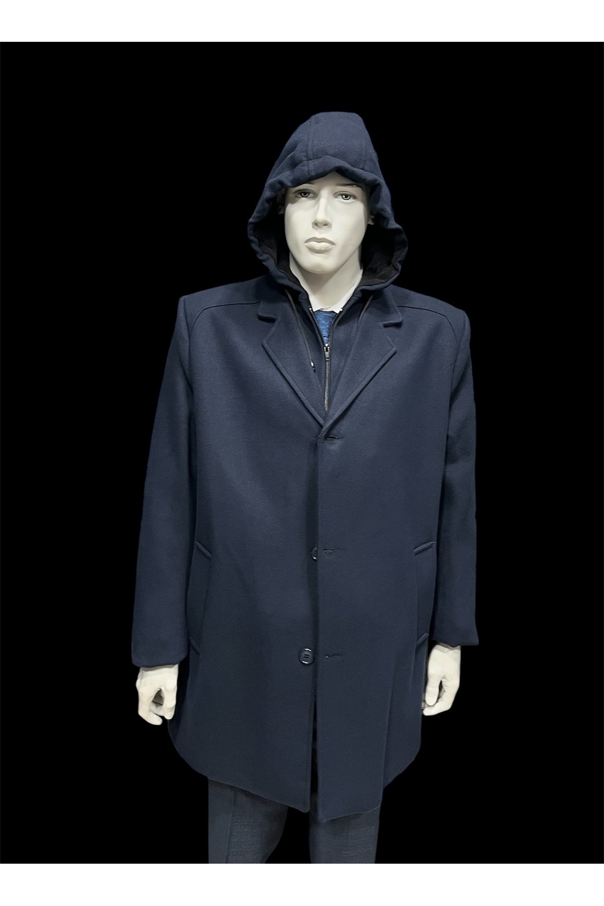 CLAYVIR Lacivert.büyük BEDEN(2XL-3XL-4XL-5XL)(5.6.7.8)numara.BOL Kesim,yelekli,kapşonlu,diz Üstü,kaşe Palto. görsel 2