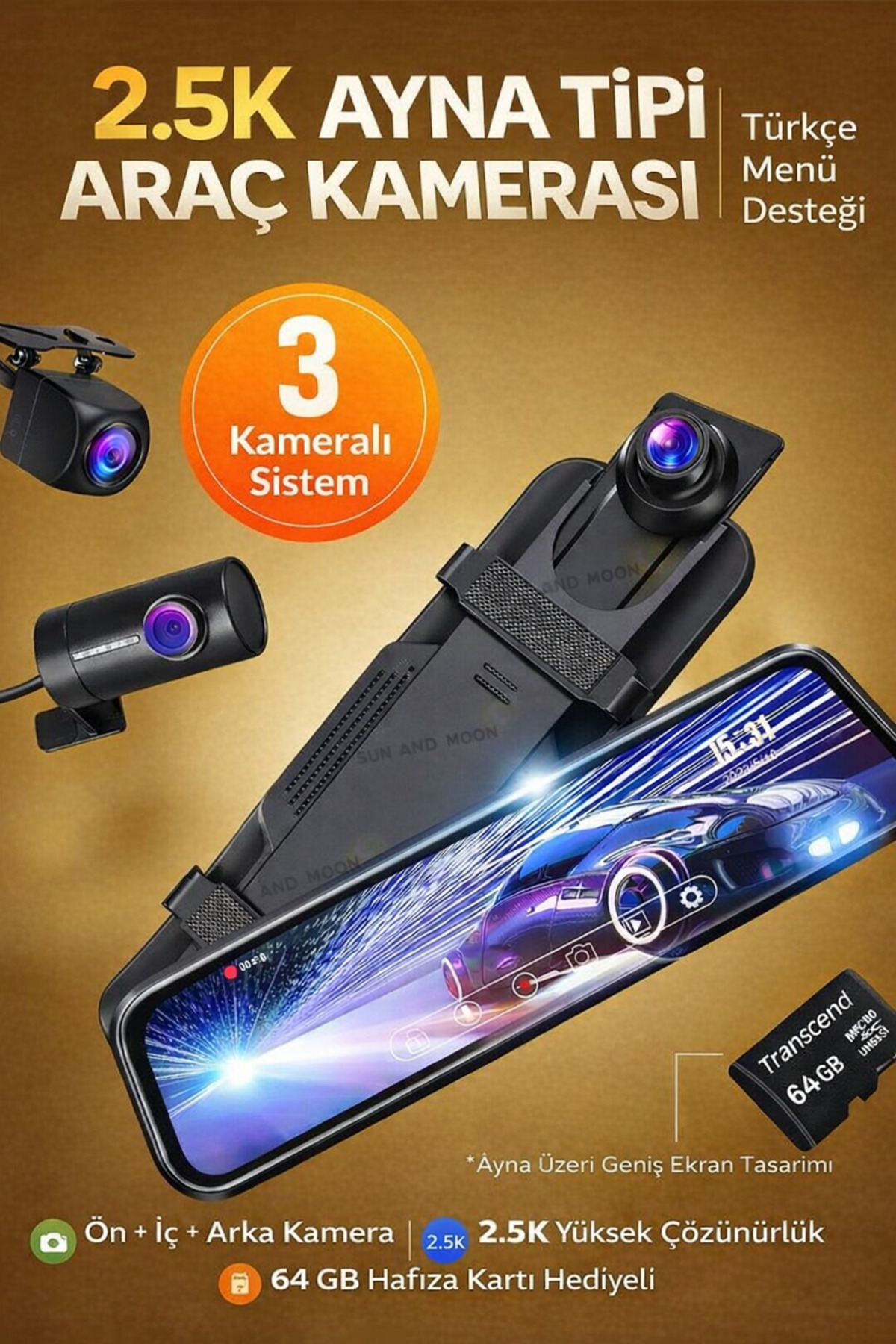 qasul 3 Kameralı Ayna Tipi Araç Kamerası DVR 9.66” Geniş Ekran | Full HD 1080P WiFi Uygulama Destekli